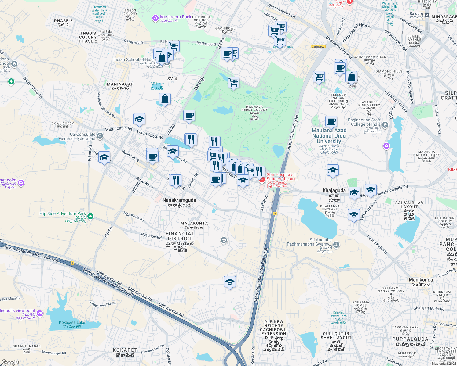 map of restaurants, bars, coffee shops, grocery stores, and more near in Hyderabad