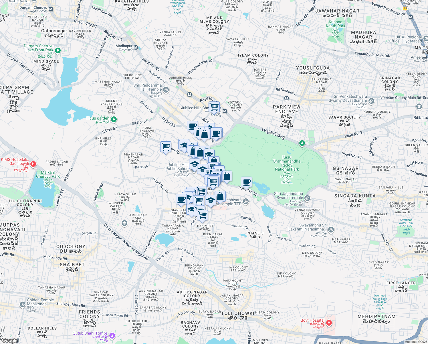 map of restaurants, bars, coffee shops, grocery stores, and more near Plot 573 Road Number 1 in Hyderabad