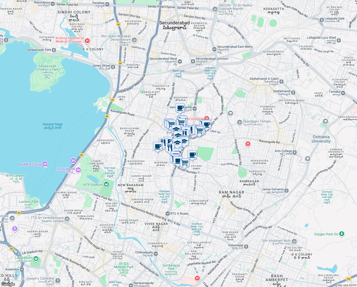 map of restaurants, bars, coffee shops, grocery stores, and more near in Hyderabad