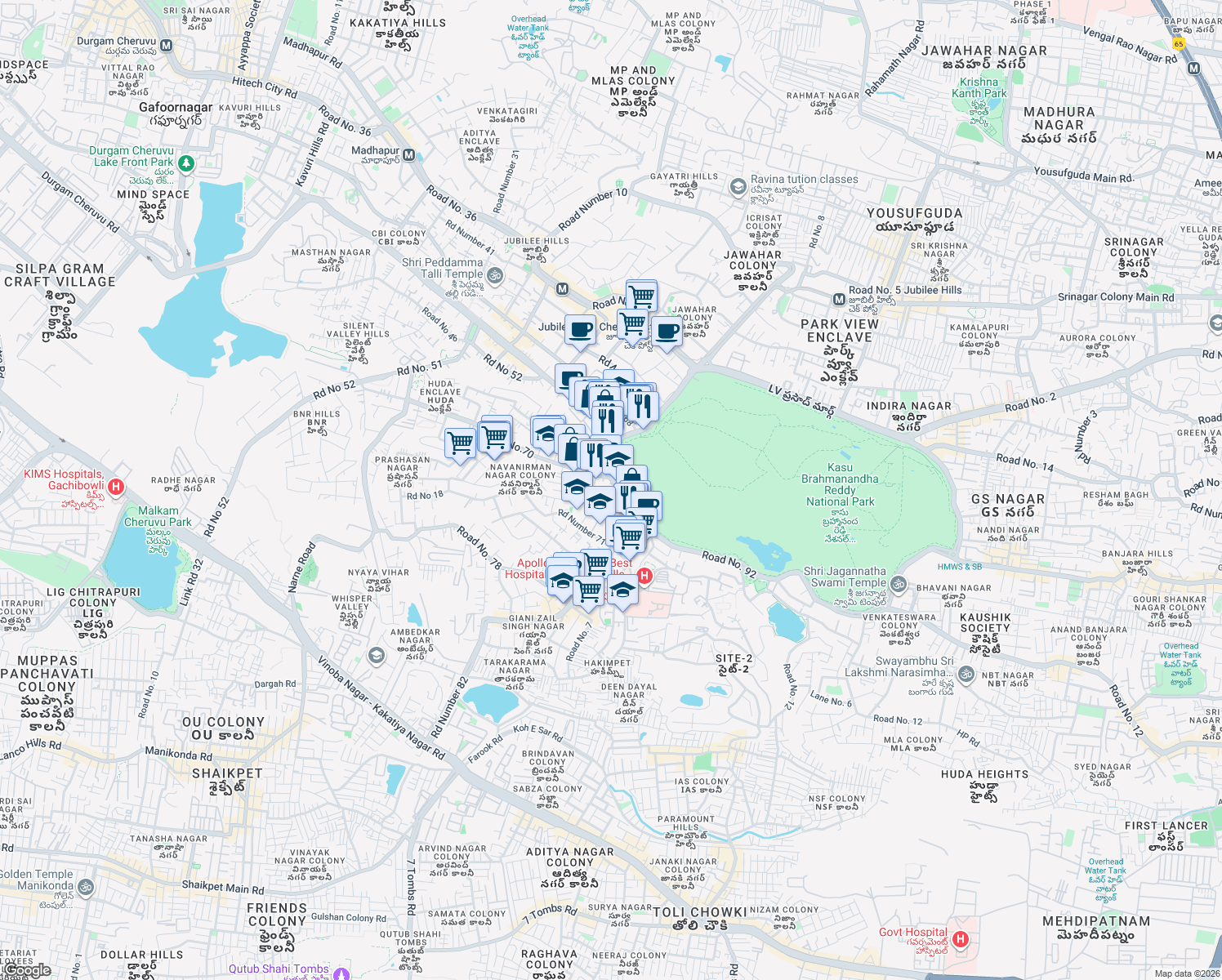 map of restaurants, bars, coffee shops, grocery stores, and more near in Hyderabad