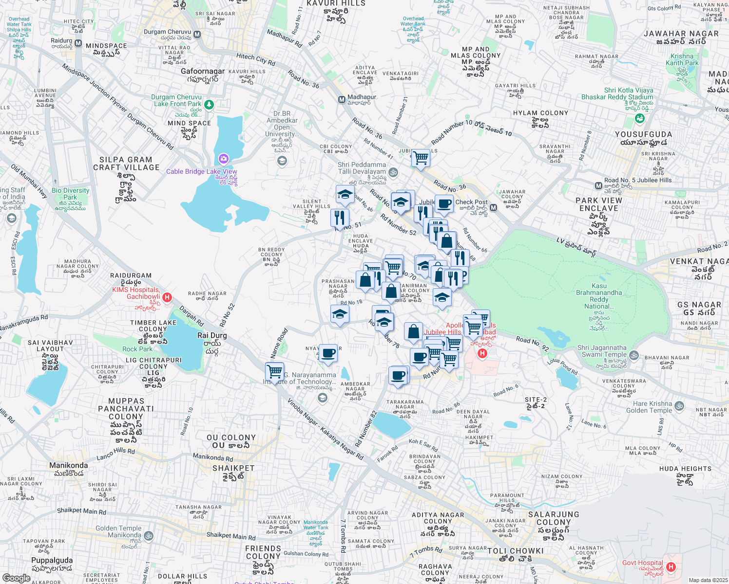 map of restaurants, bars, coffee shops, grocery stores, and more near Road No 8 in Hyderabad