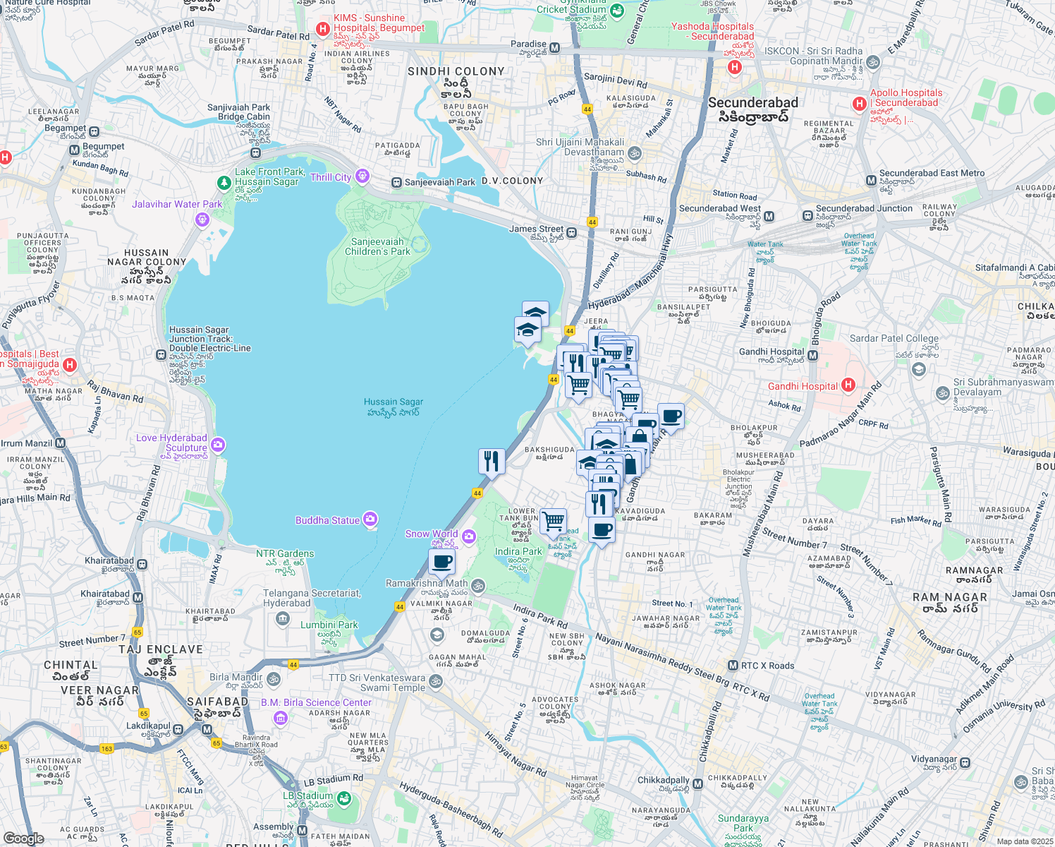 map of restaurants, bars, coffee shops, grocery stores, and more near Tank Bund Road in Hyderabad