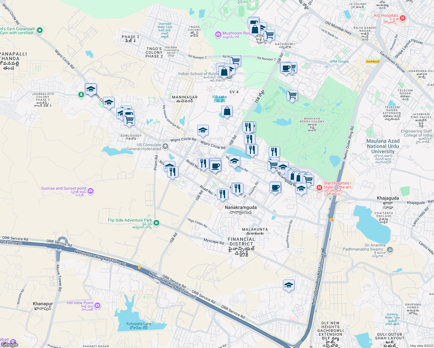 map of restaurants, bars, coffee shops, grocery stores, and more near Survey 115/1 ISB Road in Hyderabad