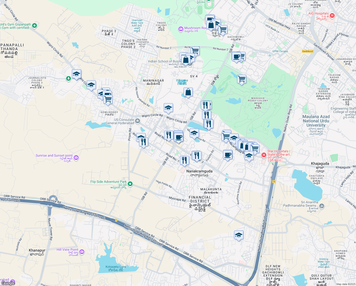 map of restaurants, bars, coffee shops, grocery stores, and more near Survey 115/1 ISB Road in Hyderabad