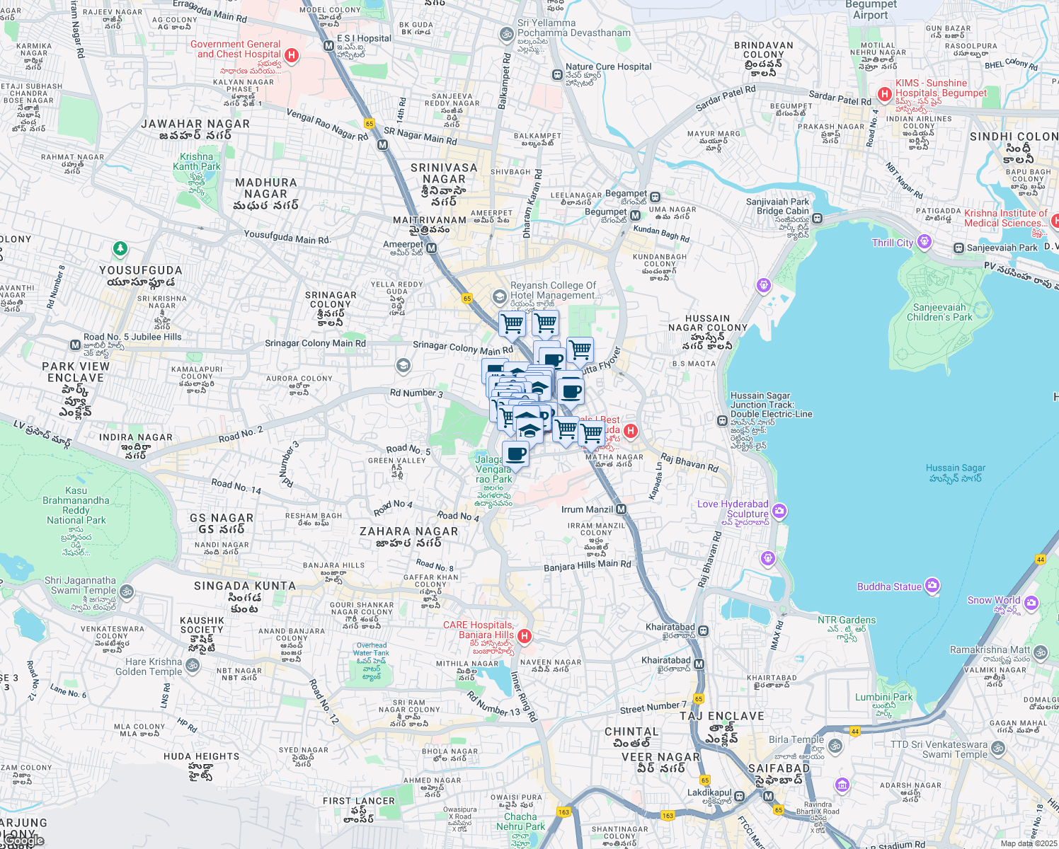 map of restaurants, bars, coffee shops, grocery stores, and more near in Hyderabad