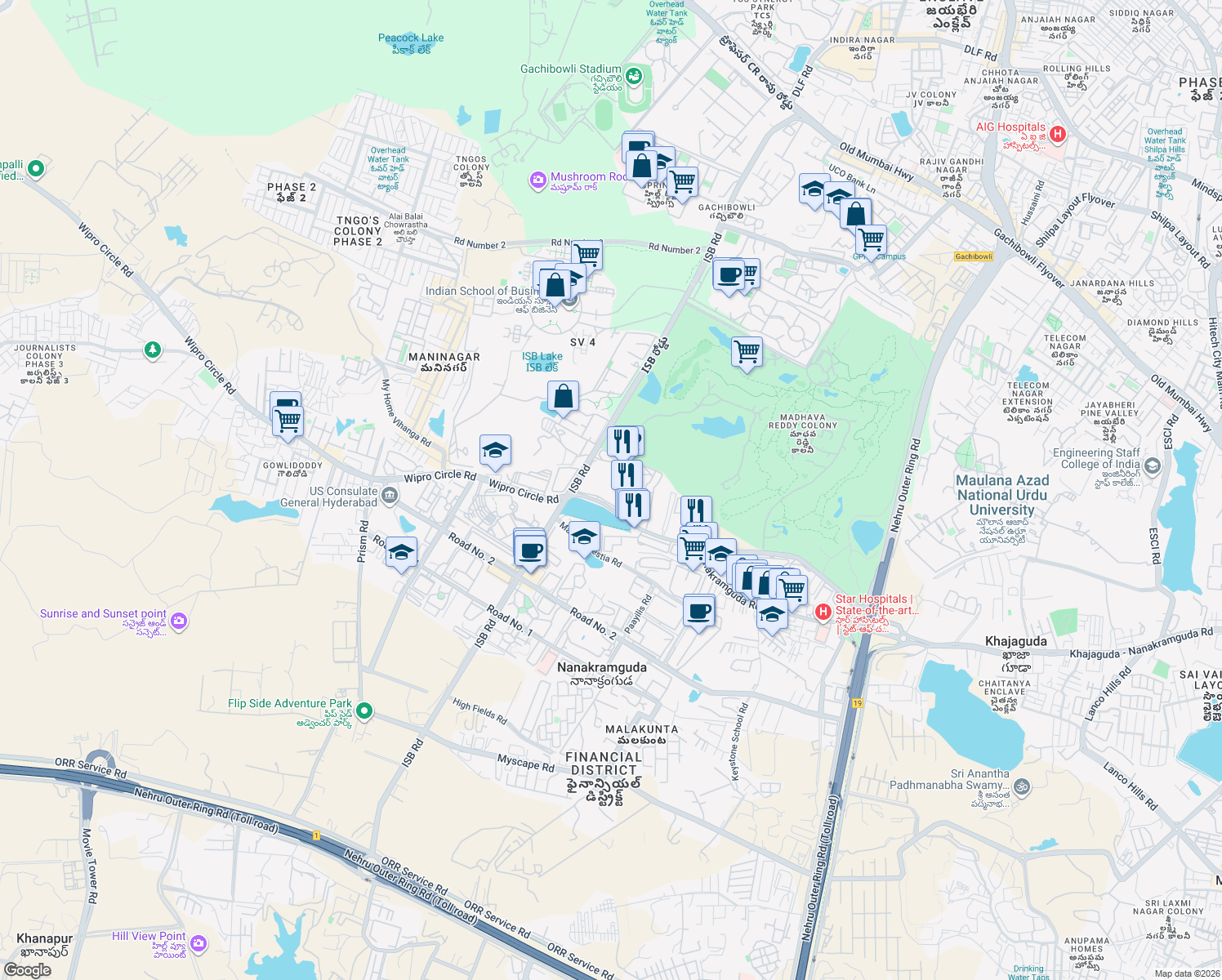 map of restaurants, bars, coffee shops, grocery stores, and more near Wipro STPI Parking Route in Hyderabad