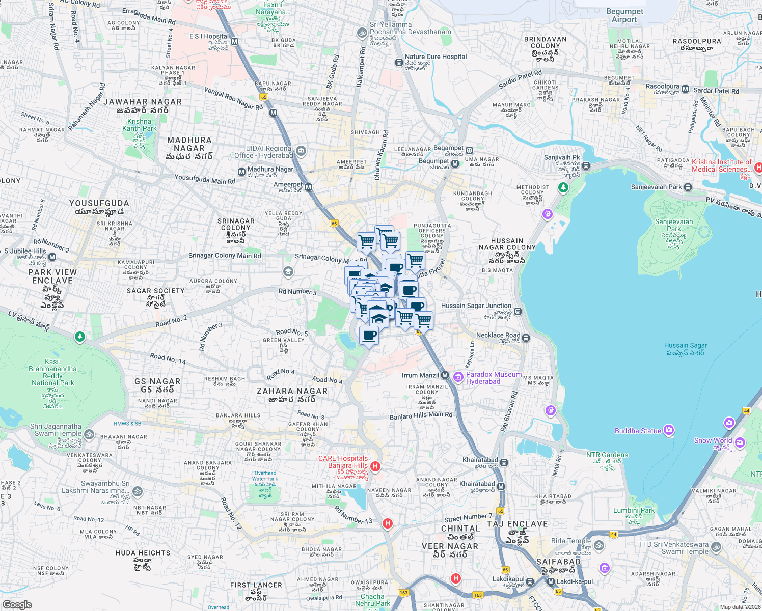 map of restaurants, bars, coffee shops, grocery stores, and more near Nagarjuna Circle Road in Hyderabad