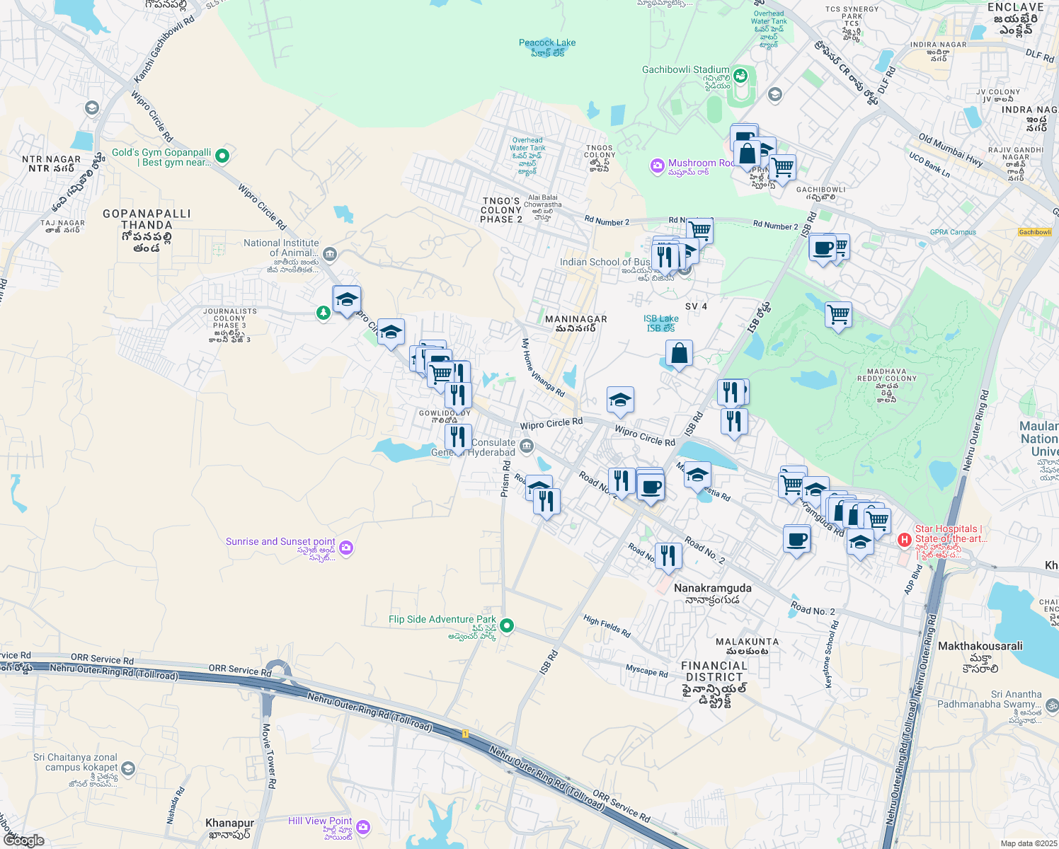 map of restaurants, bars, coffee shops, grocery stores, and more near 111 Wipro Circle Road in Nanakramguda