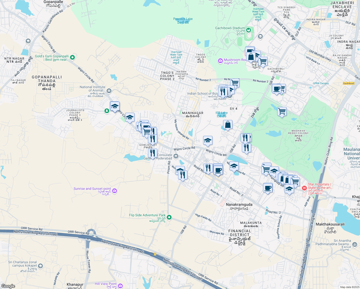 map of restaurants, bars, coffee shops, grocery stores, and more near 111 Wipro Circle Road in Nanakramguda