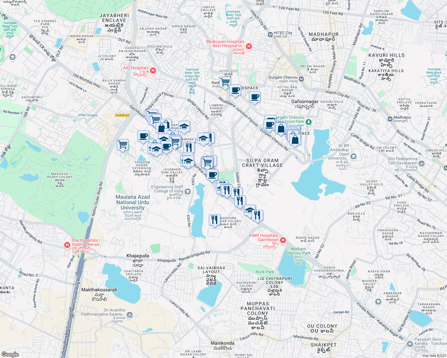 map of restaurants, bars, coffee shops, grocery stores, and more near Old Mumbai Highway in Hyderabad