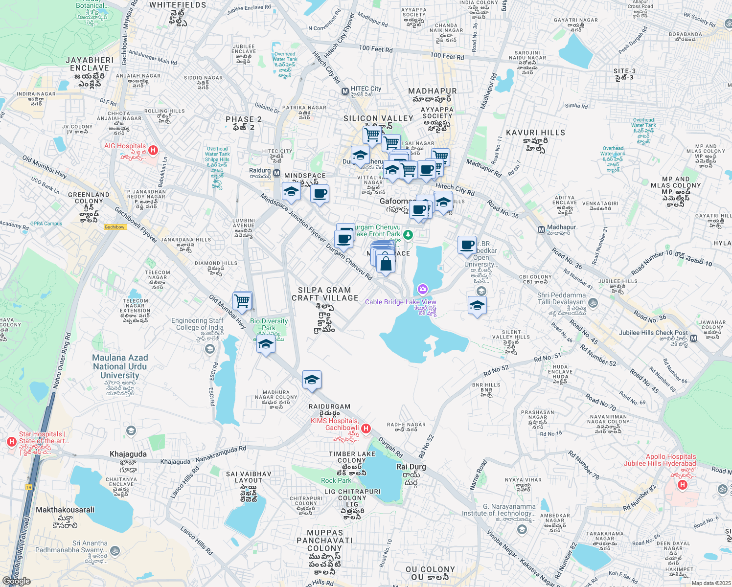 map of restaurants, bars, coffee shops, grocery stores, and more near Knowledge City Road in Hyderabad