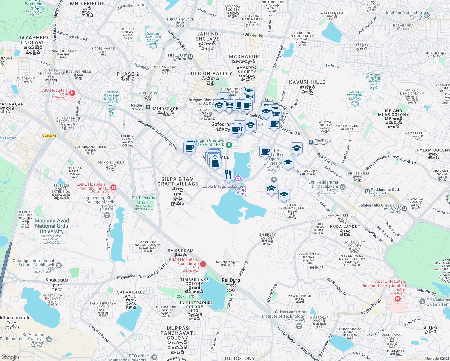map of restaurants, bars, coffee shops, grocery stores, and more near 20 Durgam Cheruvu Road in Hyderabad