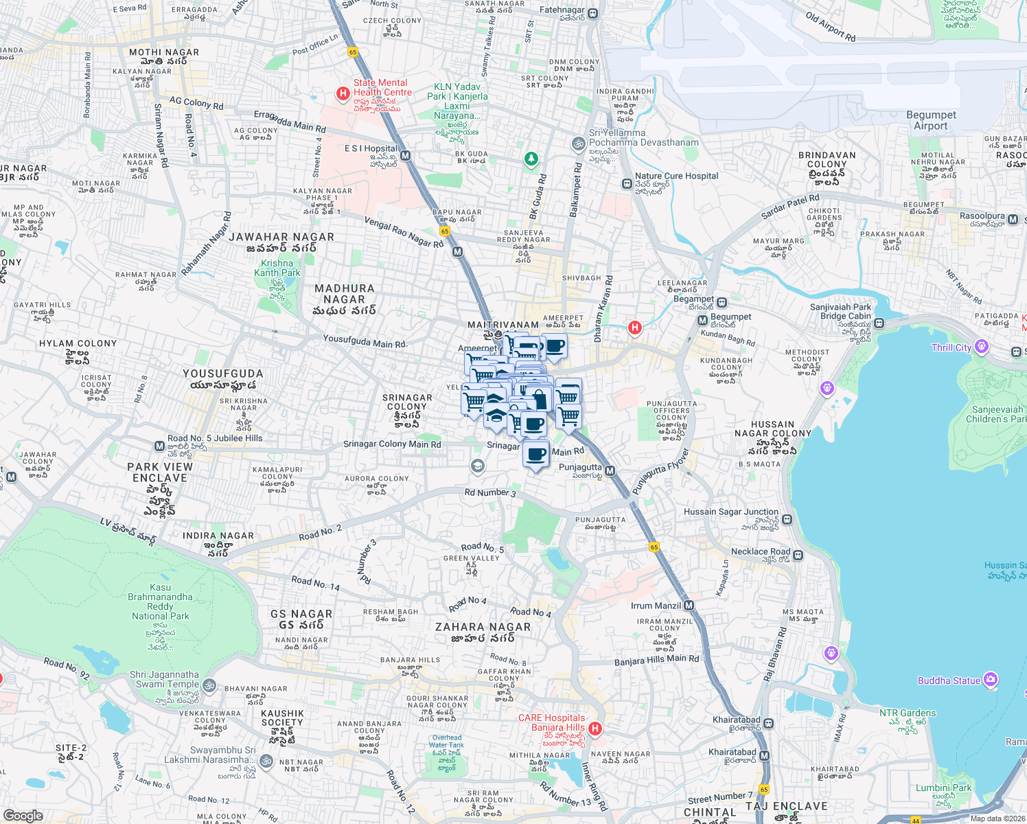 map of restaurants, bars, coffee shops, grocery stores, and more near Kallu Compound Road in Hyderabad
