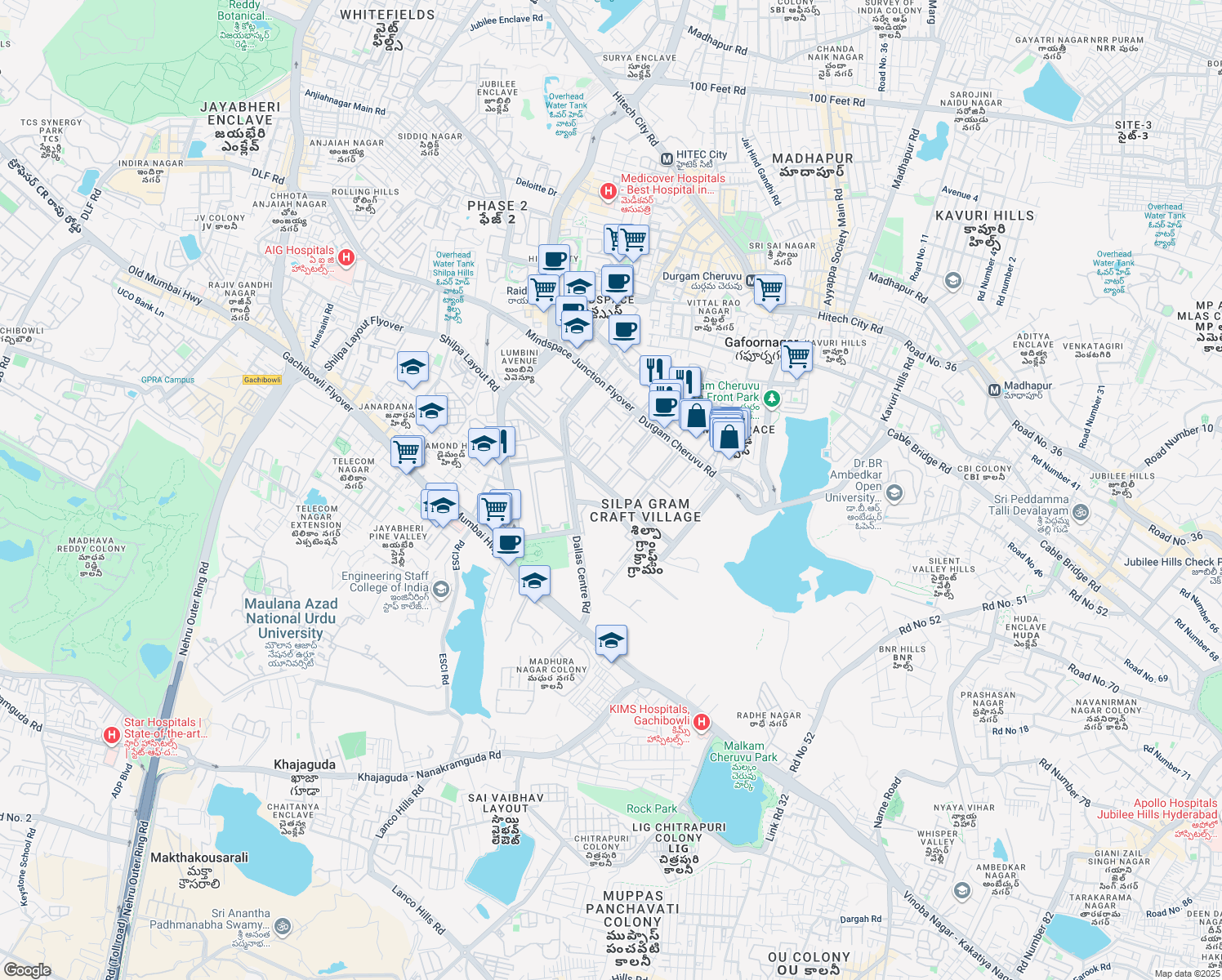 map of restaurants, bars, coffee shops, grocery stores, and more near Knowledge City Road in Hyderabad