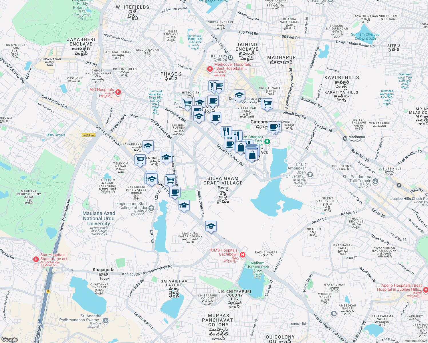 map of restaurants, bars, coffee shops, grocery stores, and more near 20 Inorbit Mall Road in Hyderabad