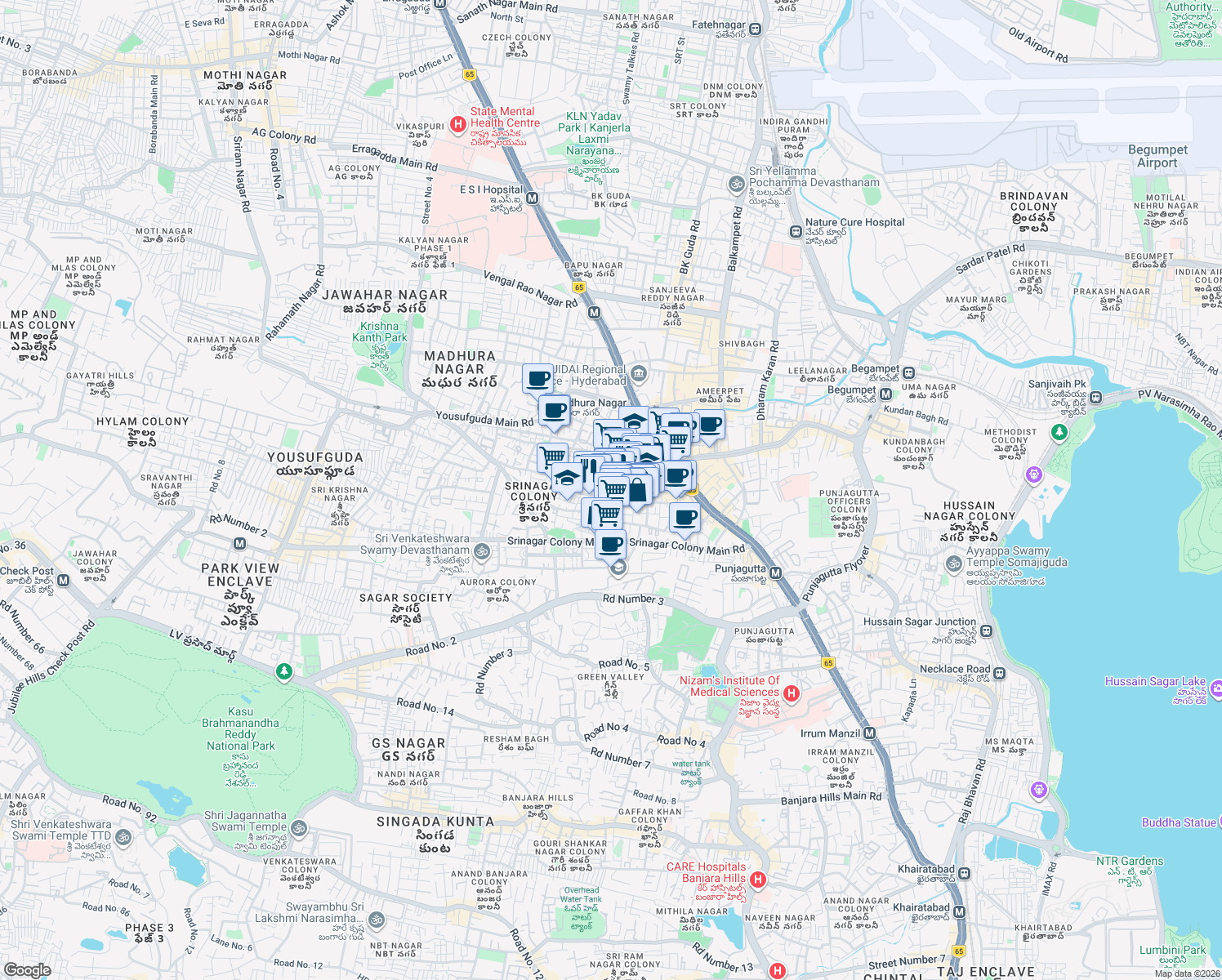 map of restaurants, bars, coffee shops, grocery stores, and more near in Hyderabad