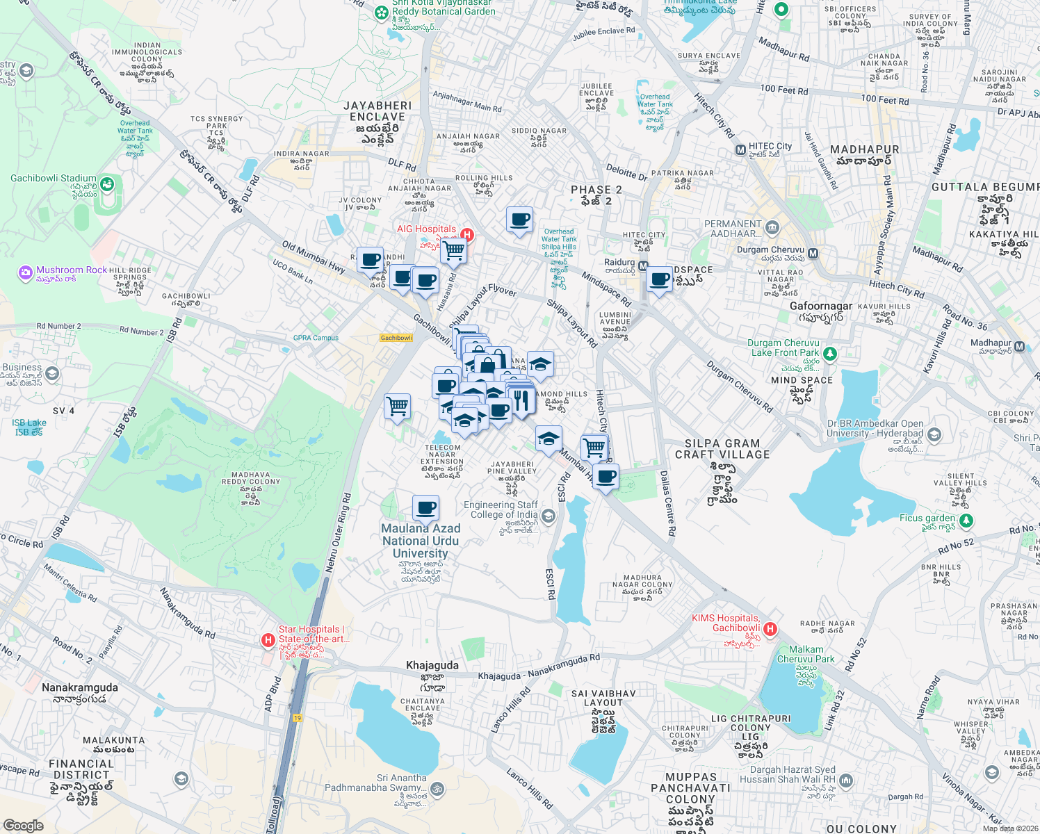 map of restaurants, bars, coffee shops, grocery stores, and more near Old Mumbai Highway in Hyderabad