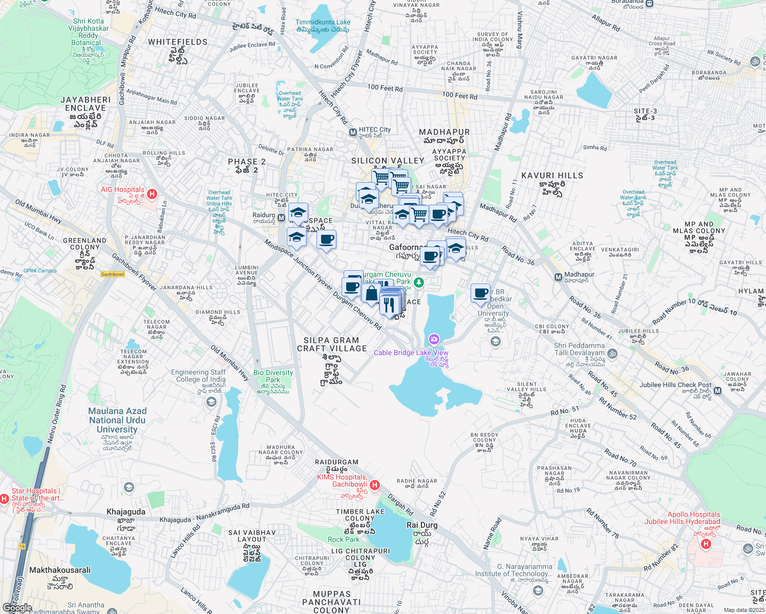 map of restaurants, bars, coffee shops, grocery stores, and more near Plot # 17 Software Units Layout Inorbit Mall Road in Hyderabad