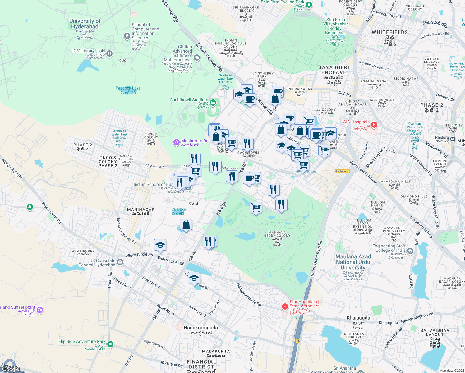 map of restaurants, bars, coffee shops, grocery stores, and more near 401 Main Road in Hyderabad