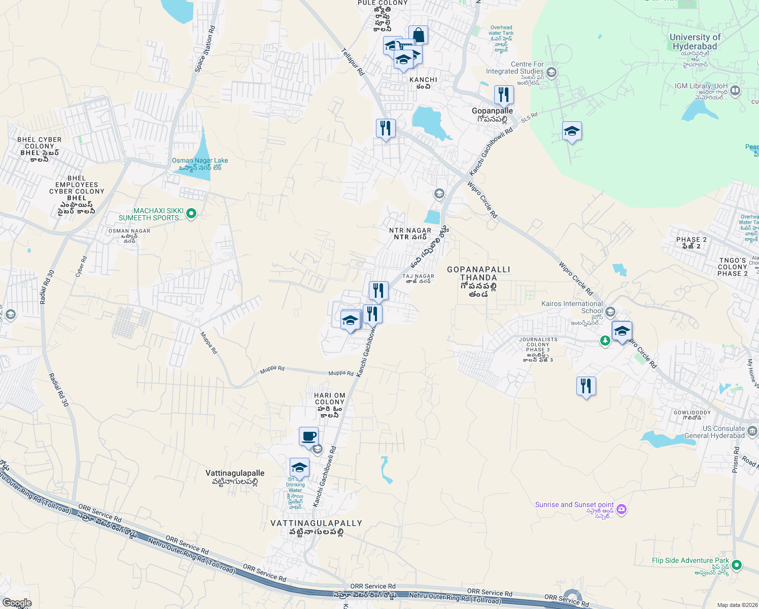 map of restaurants, bars, coffee shops, grocery stores, and more near Kanchi Gachibowli Road in Hyderabad