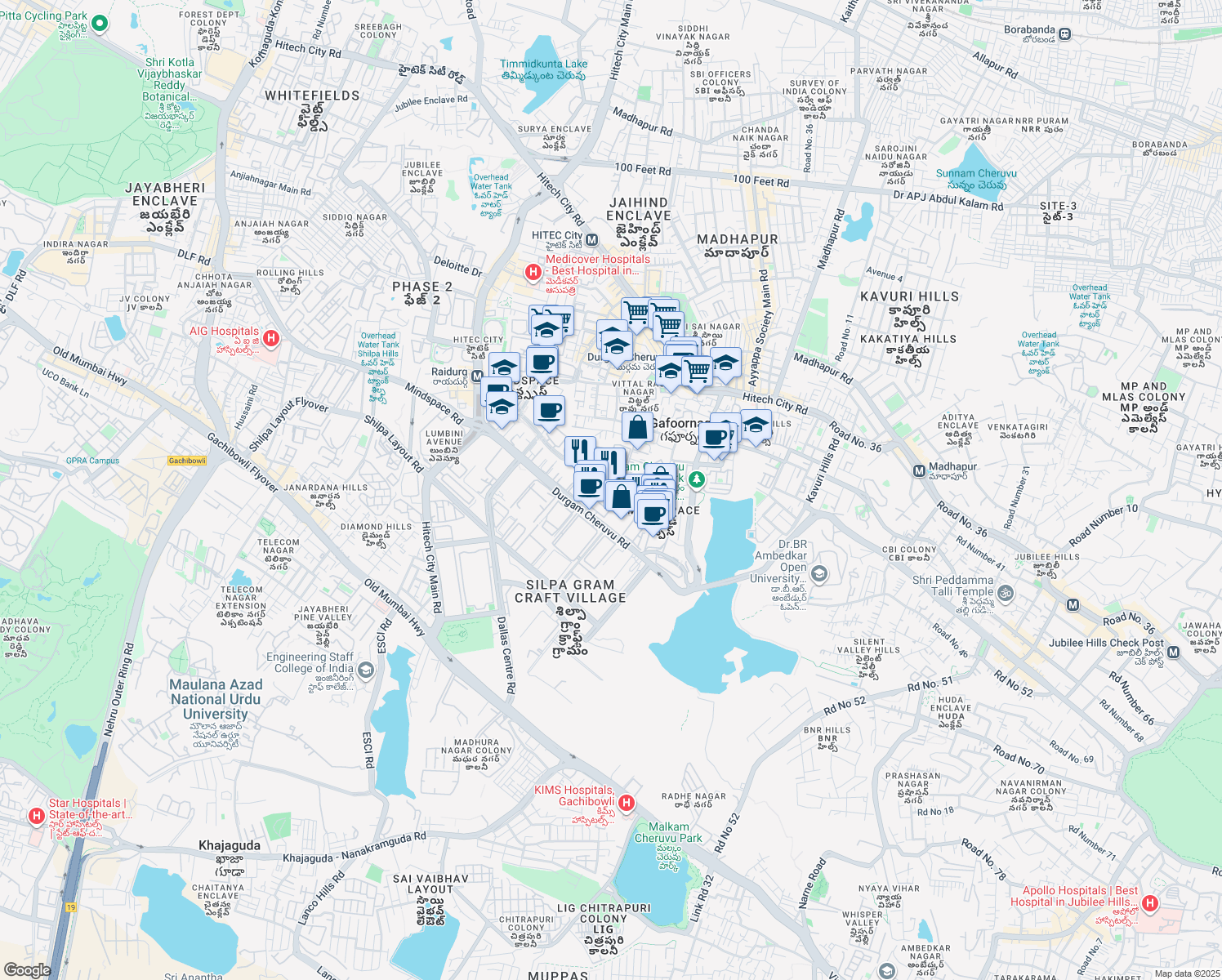 map of restaurants, bars, coffee shops, grocery stores, and more near 20 Inorbit Mall Road in Hyderabad
