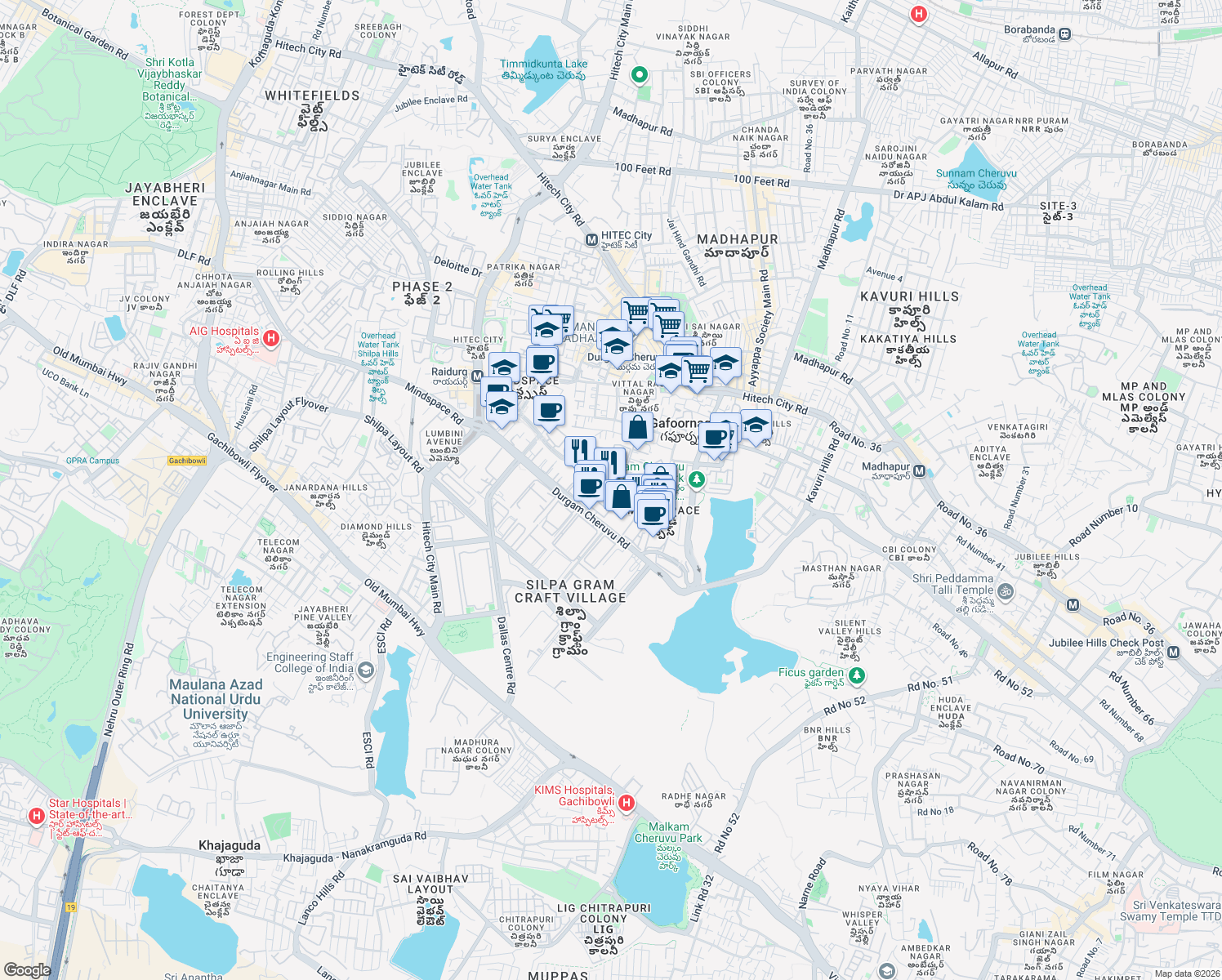 map of restaurants, bars, coffee shops, grocery stores, and more near 20 Inorbit Mall Road in Hyderabad