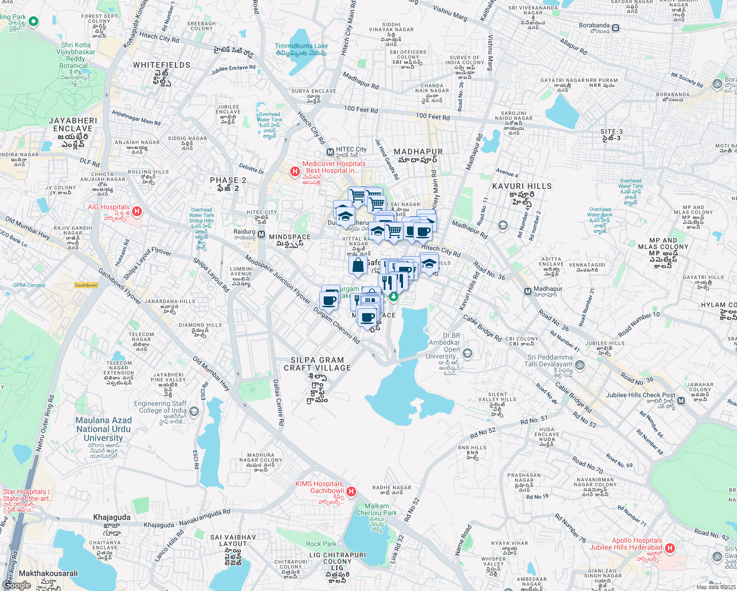map of restaurants, bars, coffee shops, grocery stores, and more near 12D Mindspace Madhapur Road in Hyderabad