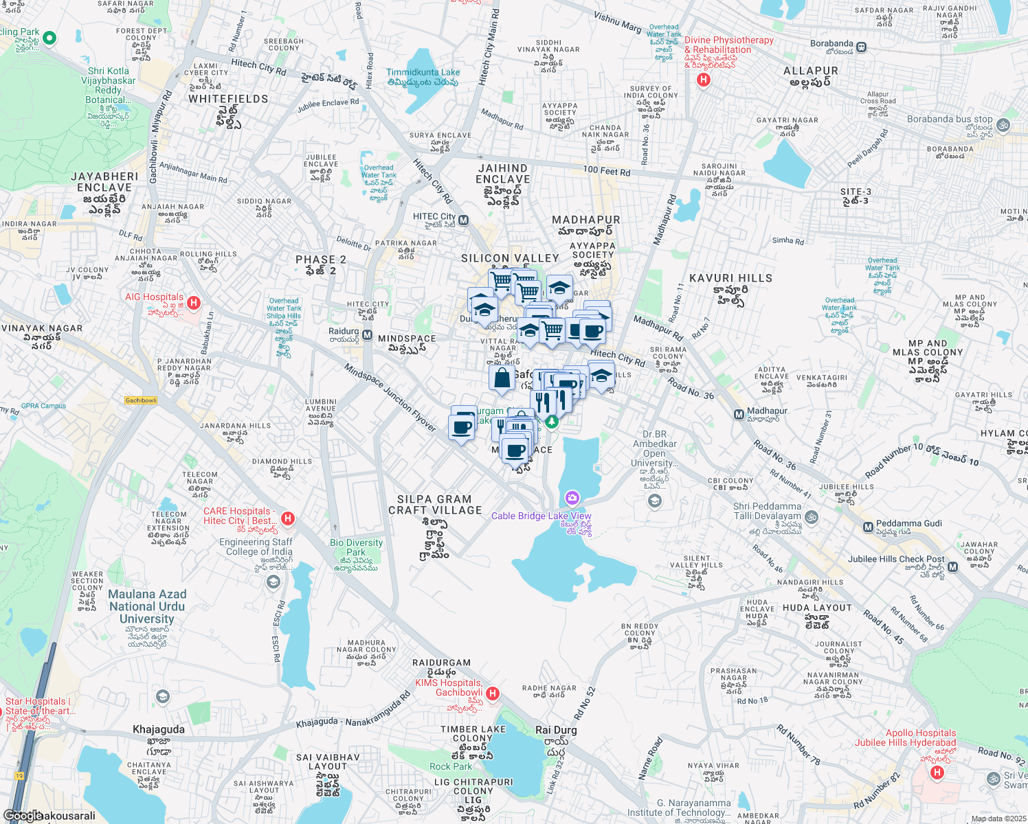 map of restaurants, bars, coffee shops, grocery stores, and more near 12D Mindspace Madhapur Road in Hyderabad