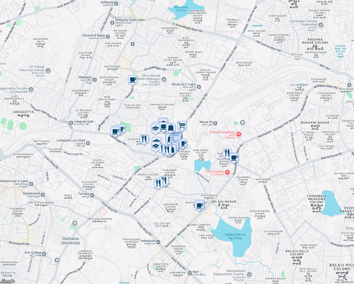 map of restaurants, bars, coffee shops, grocery stores, and more near Moula Ali Road in Secunderabad