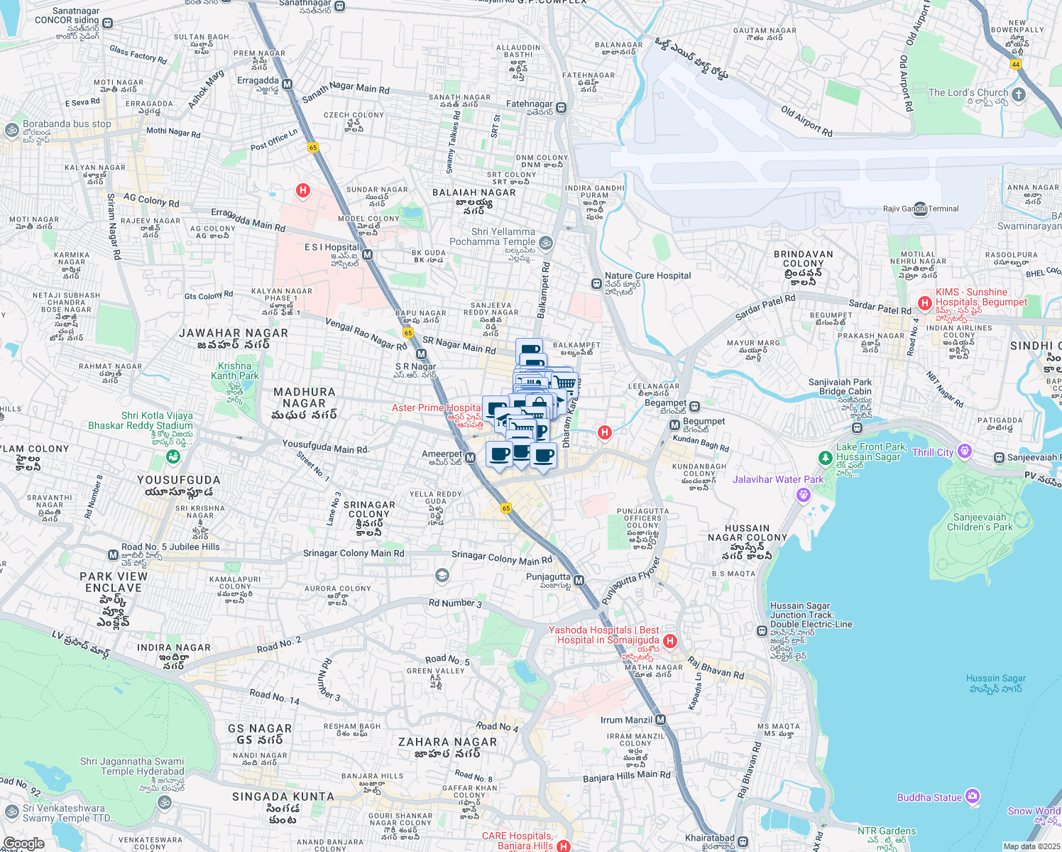 map of restaurants, bars, coffee shops, grocery stores, and more near in Hyderabad