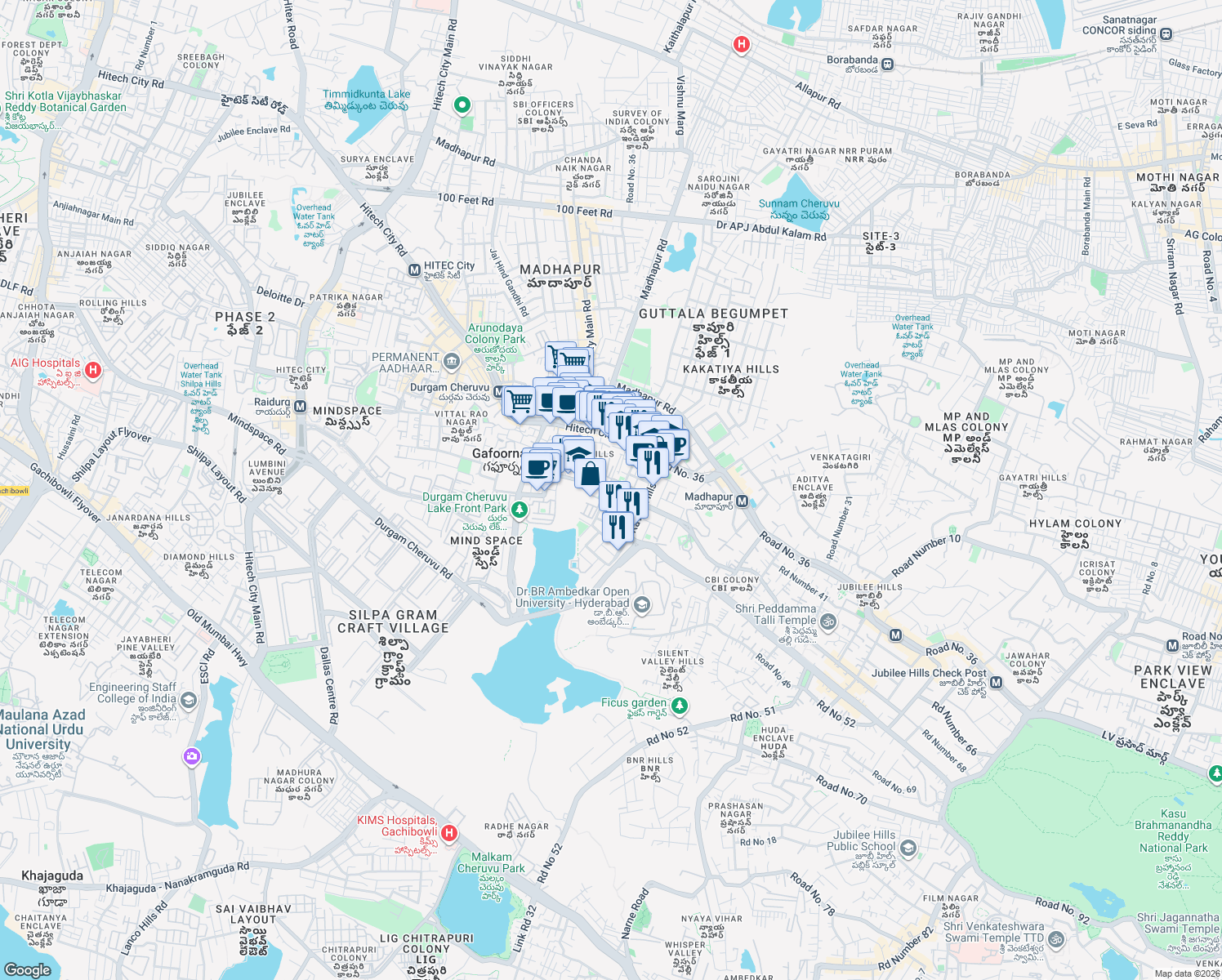 map of restaurants, bars, coffee shops, grocery stores, and more near 102 Road Number 2 in Hyderabad