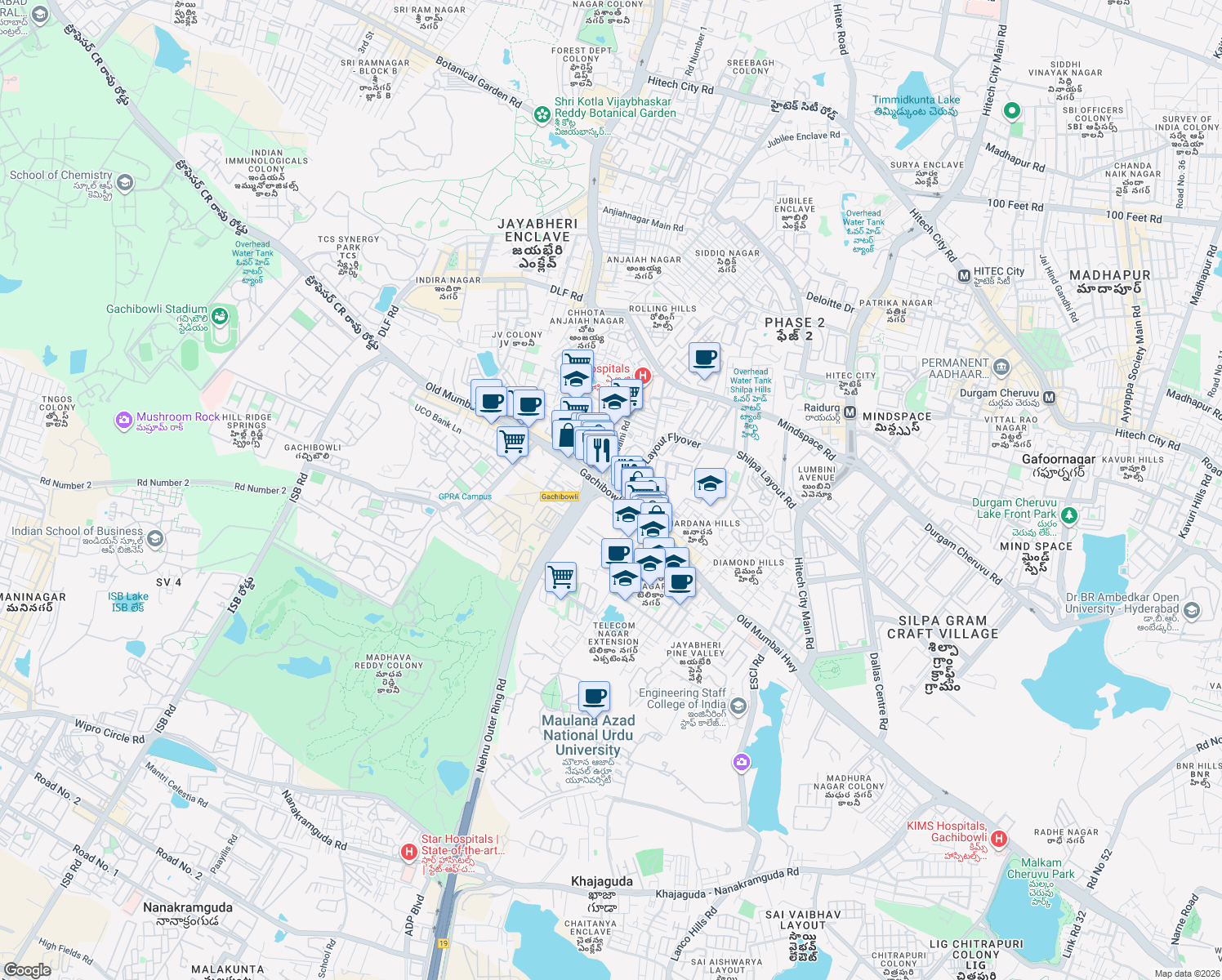 map of restaurants, bars, coffee shops, grocery stores, and more near Old Mumbai Road in Hyderabad