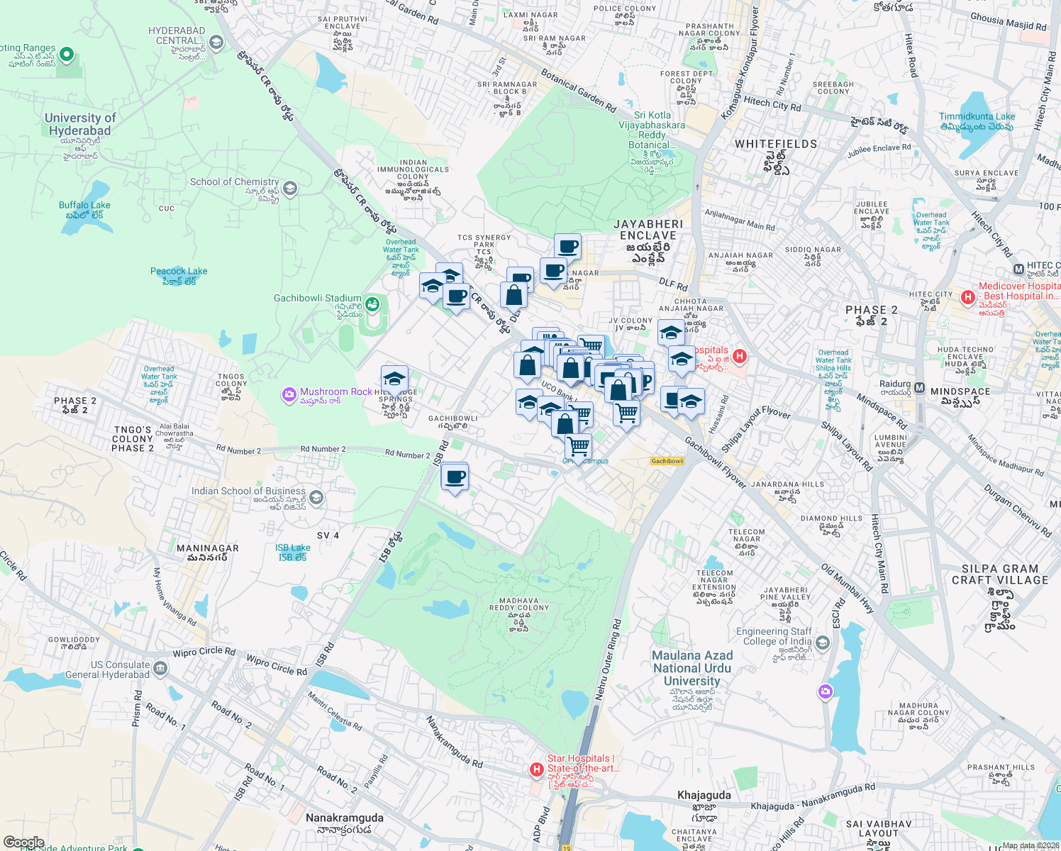 map of restaurants, bars, coffee shops, grocery stores, and more near in Hyderabad