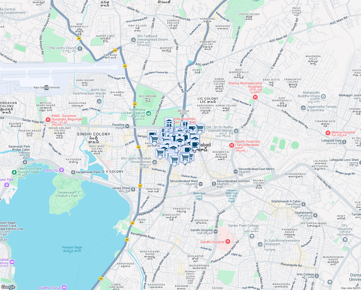 map of restaurants, bars, coffee shops, grocery stores, and more near Sarojini Devi Road in Secunderabad
