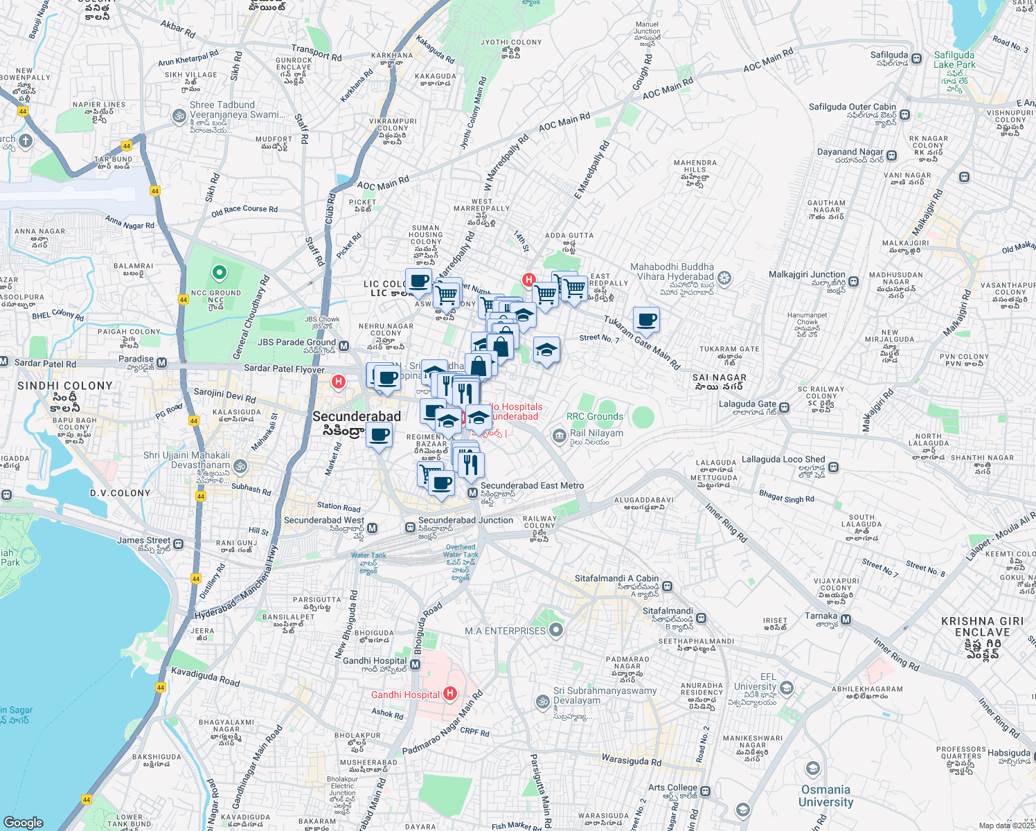 map of restaurants, bars, coffee shops, grocery stores, and more near Sarojini Devi Road in Secunderabad