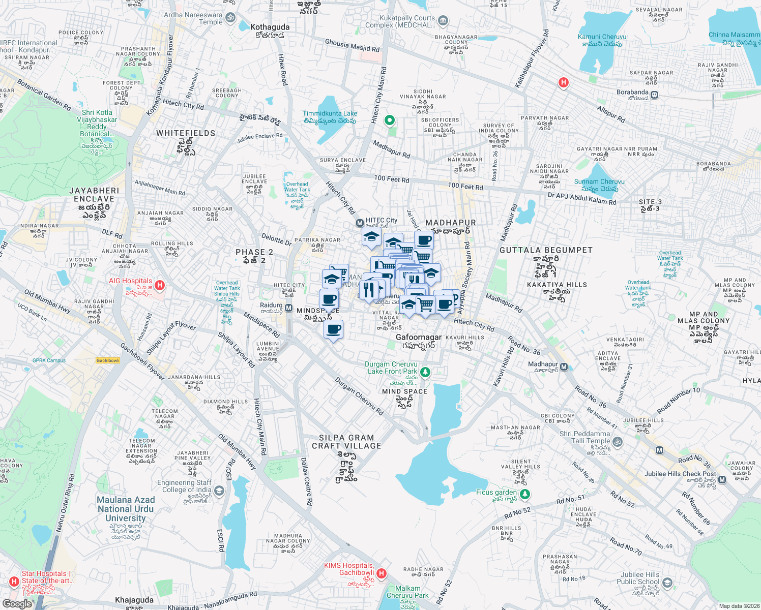 map of restaurants, bars, coffee shops, grocery stores, and more near in Hyderabad