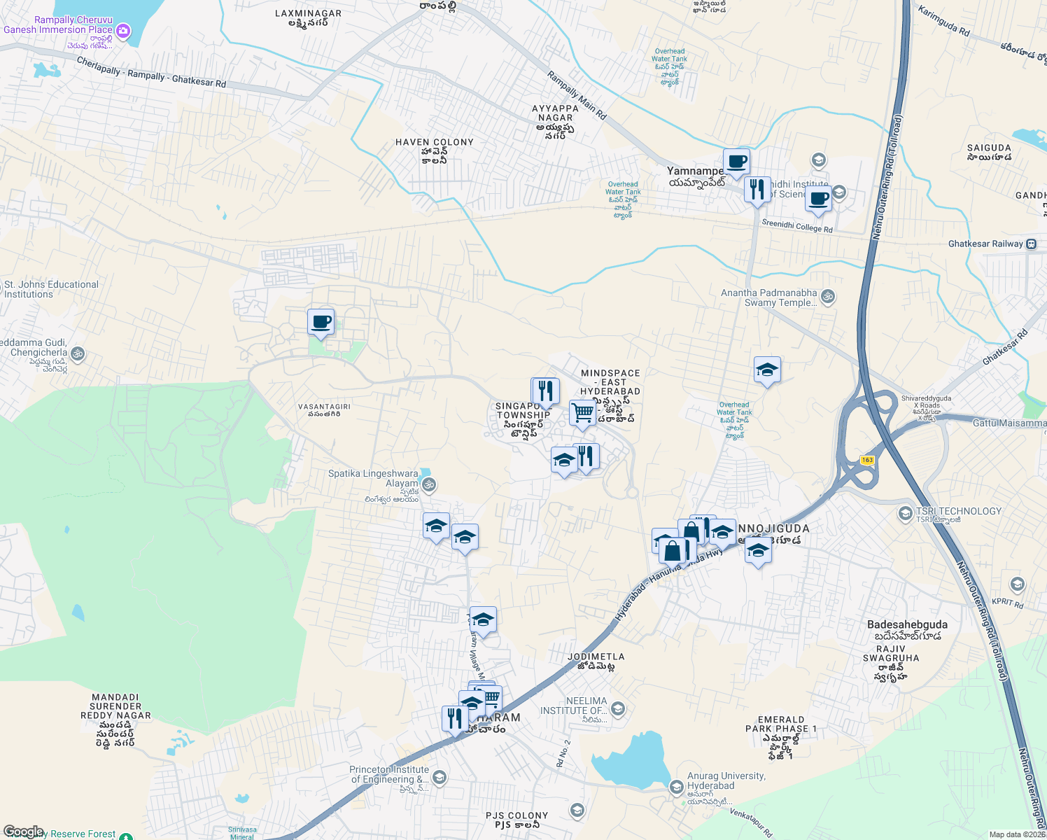 map of restaurants, bars, coffee shops, grocery stores, and more near in Hyderabad