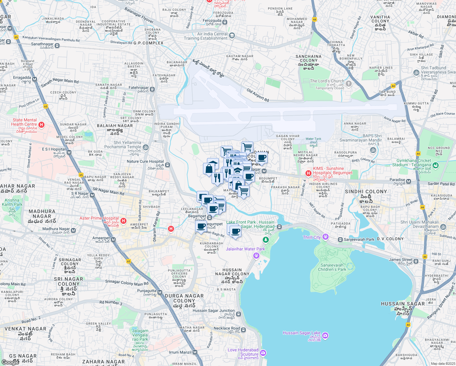 map of restaurants, bars, coffee shops, grocery stores, and more near Mayuri Marg in Hyderabad