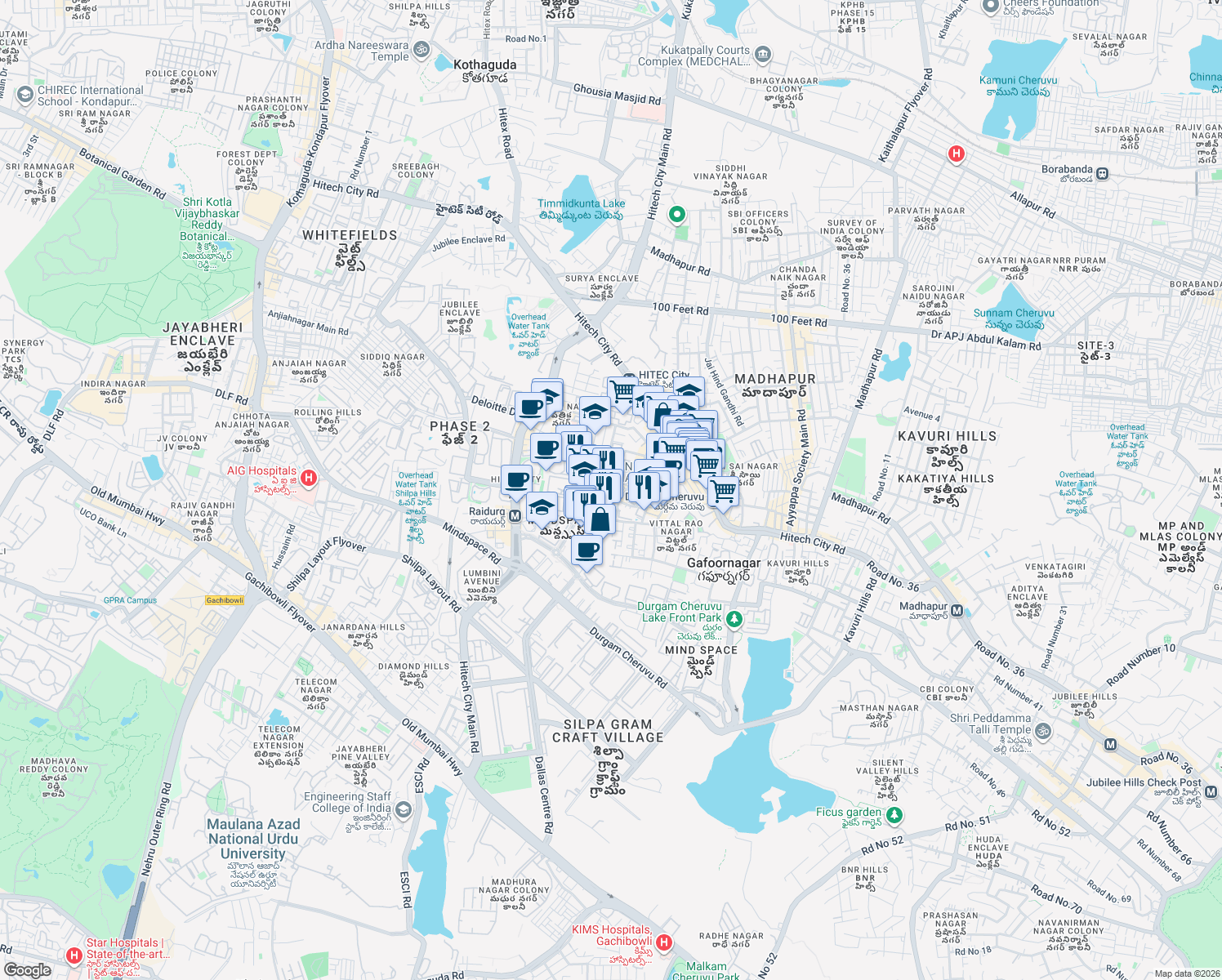 map of restaurants, bars, coffee shops, grocery stores, and more near 401 Main Road in Hyderabad