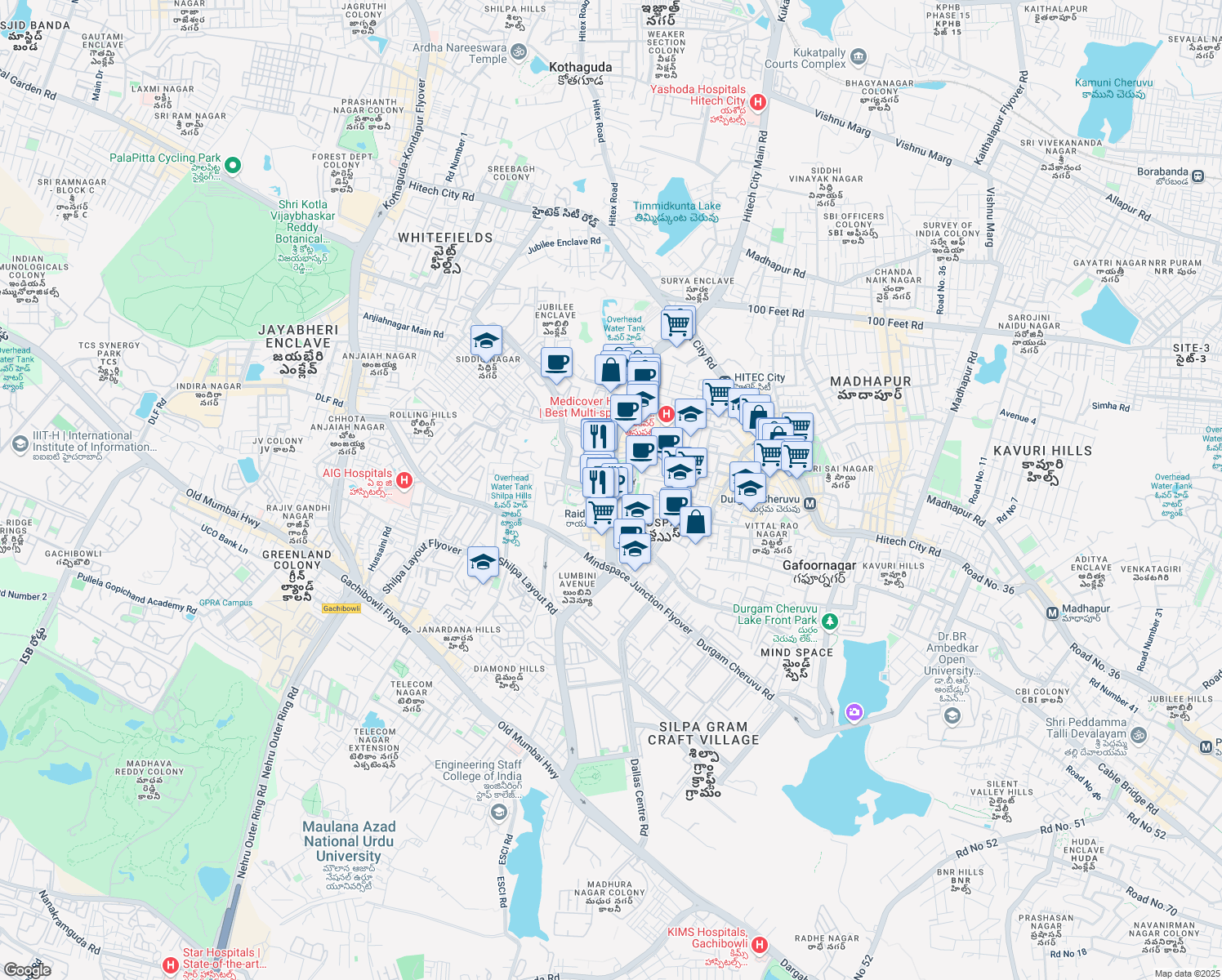 map of restaurants, bars, coffee shops, grocery stores, and more near in Hyderabad