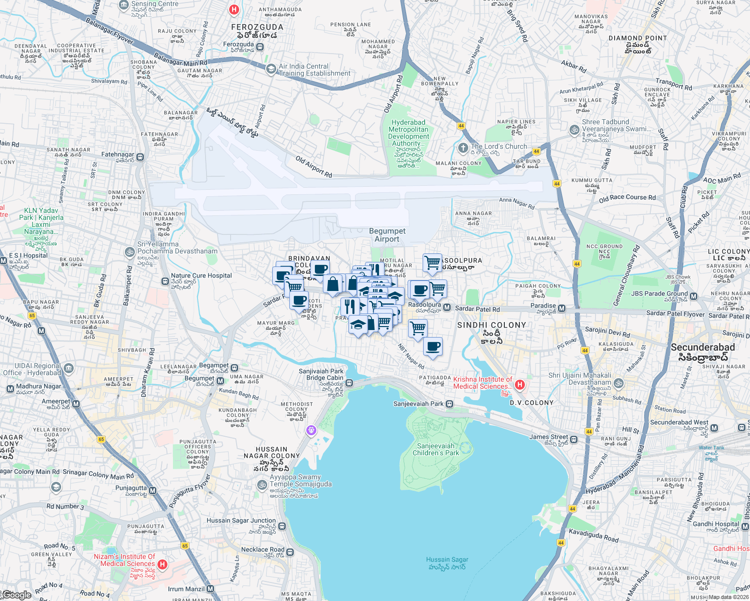 map of restaurants, bars, coffee shops, grocery stores, and more near Begumpet Road in Hyderabad