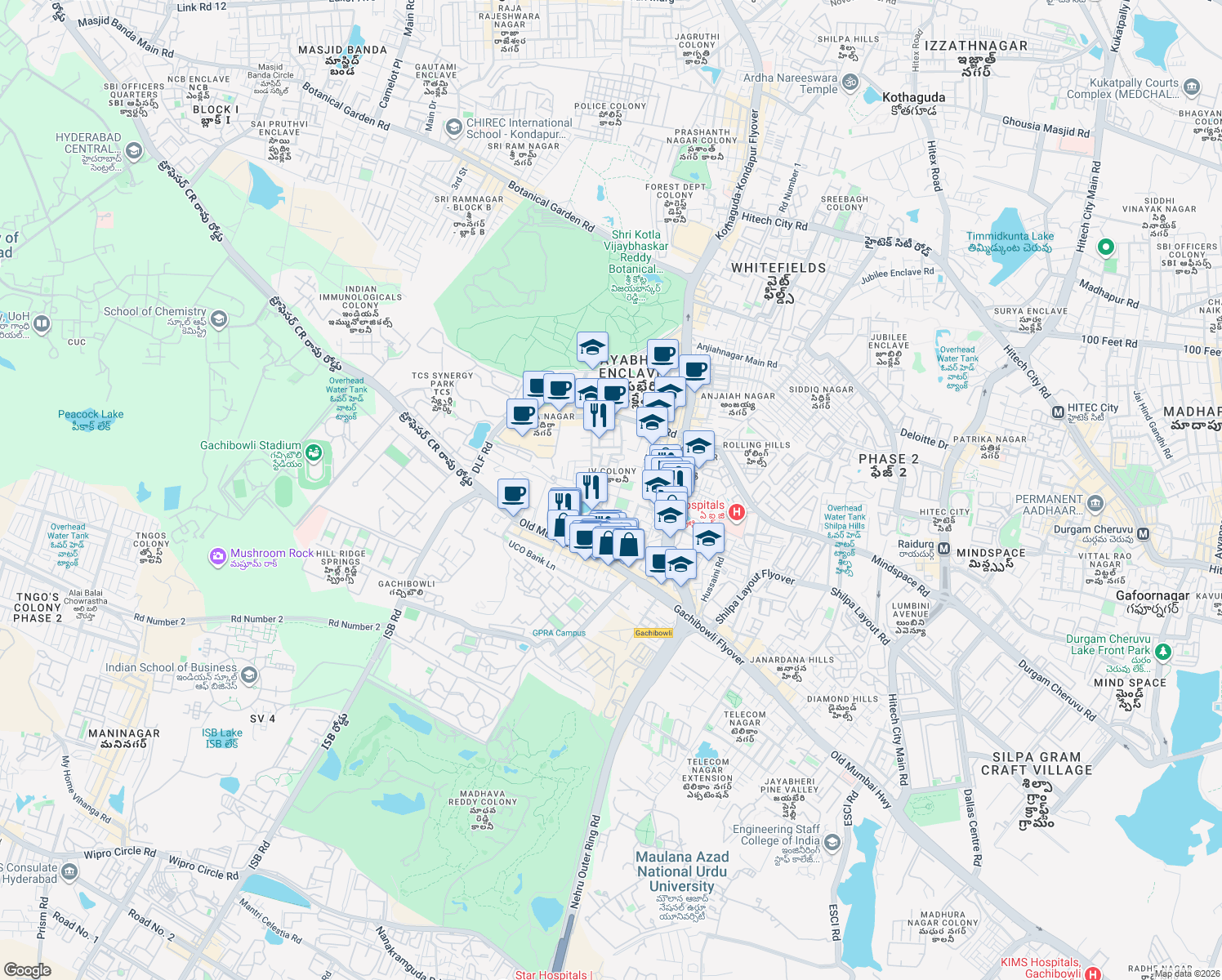 map of restaurants, bars, coffee shops, grocery stores, and more near in Hyderabad