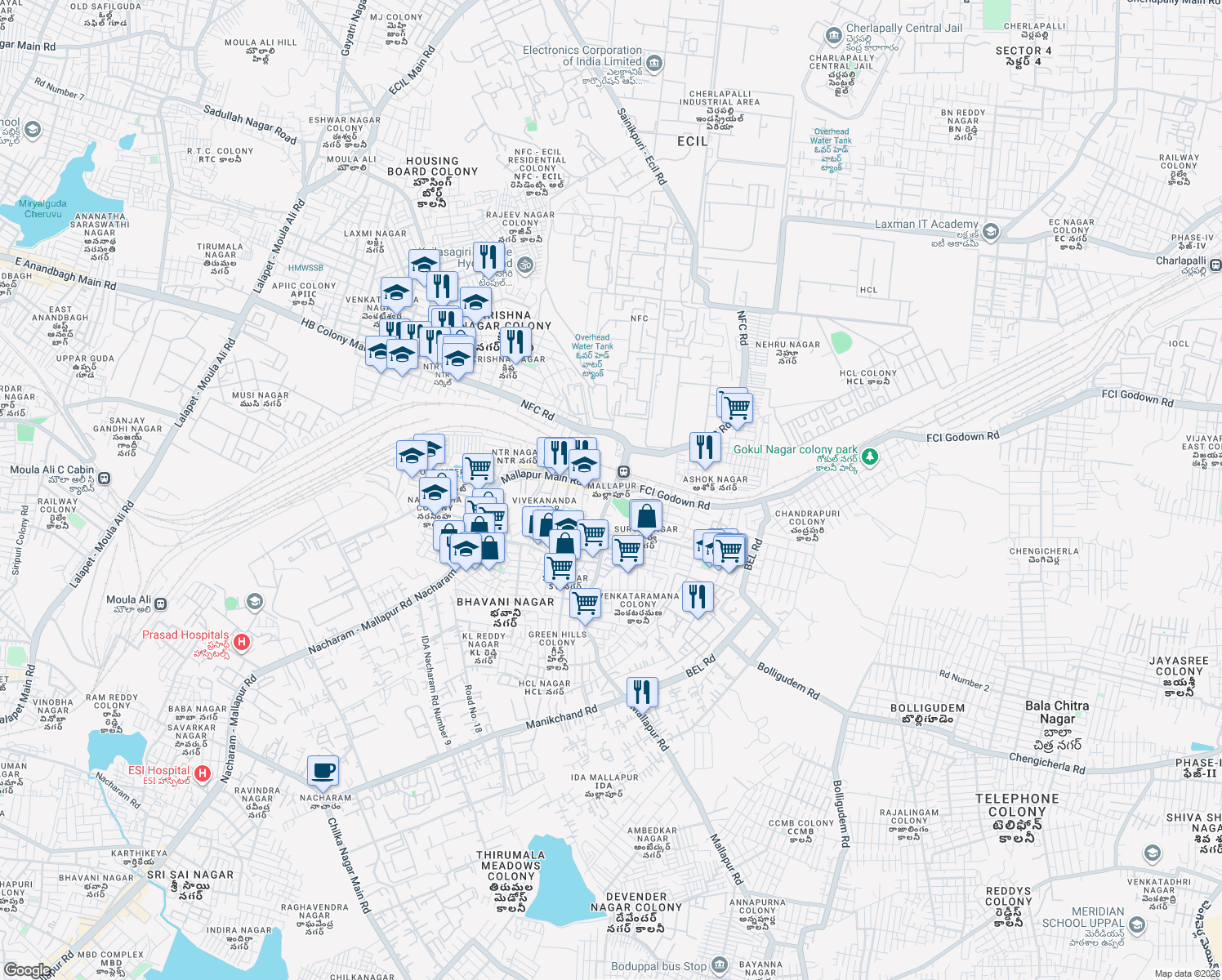 map of restaurants, bars, coffee shops, grocery stores, and more near in Secunderabad