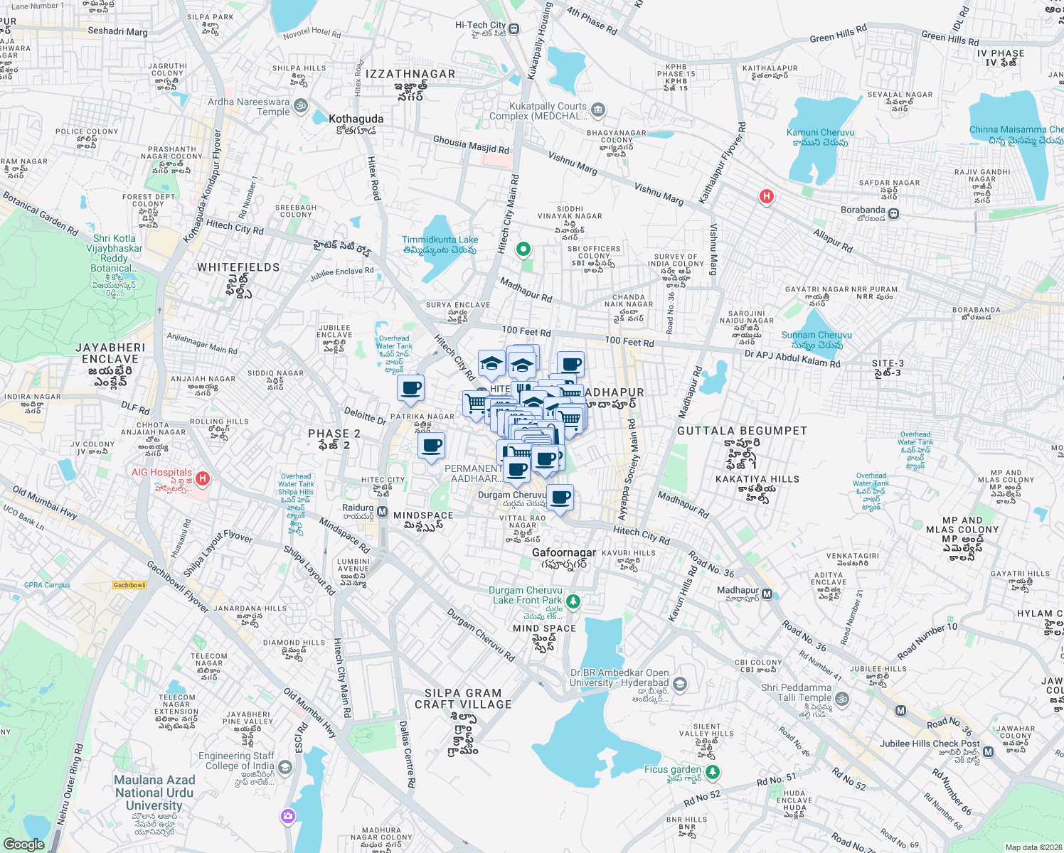 map of restaurants, bars, coffee shops, grocery stores, and more near in Hyderabad