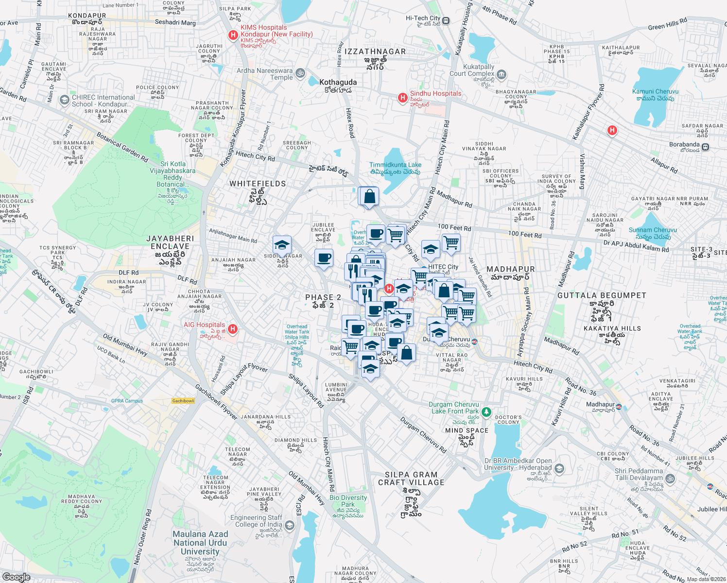 map of restaurants, bars, coffee shops, grocery stores, and more near in Hyderabad