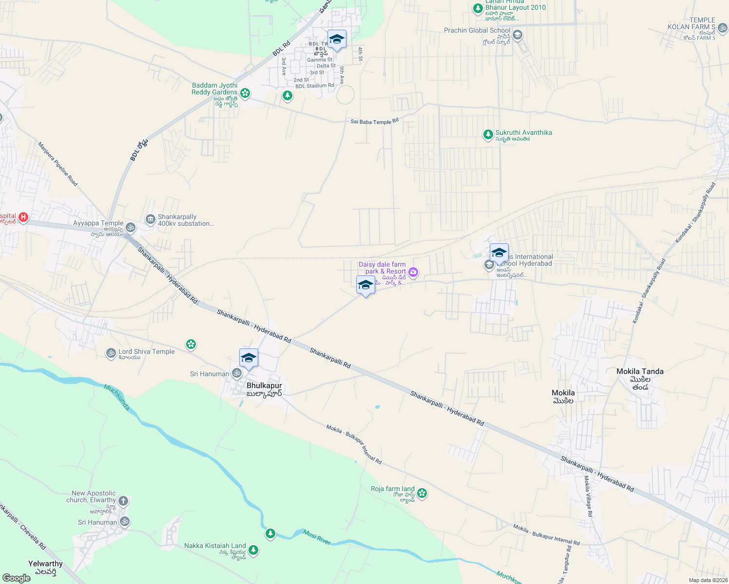 map of restaurants, bars, coffee shops, grocery stores, and more near Shankarpalli Road in Mokilla