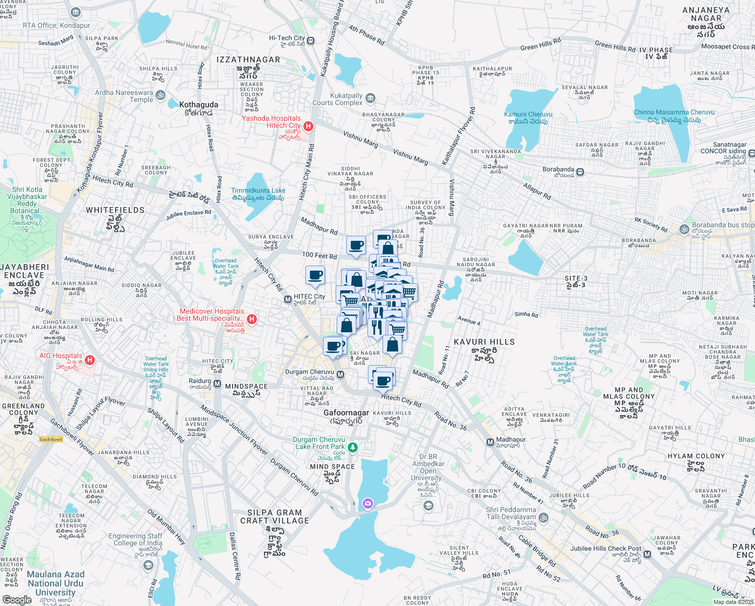 map of restaurants, bars, coffee shops, grocery stores, and more near in Hyderabad