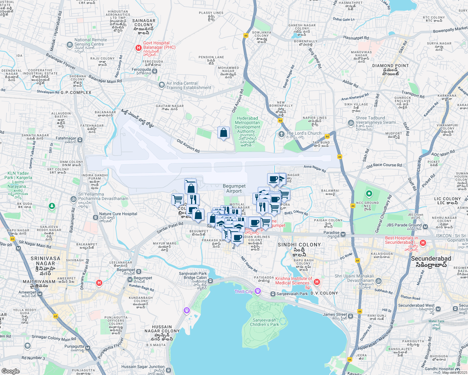 map of restaurants, bars, coffee shops, grocery stores, and more near Begumpet Airport Road in Hyderabad