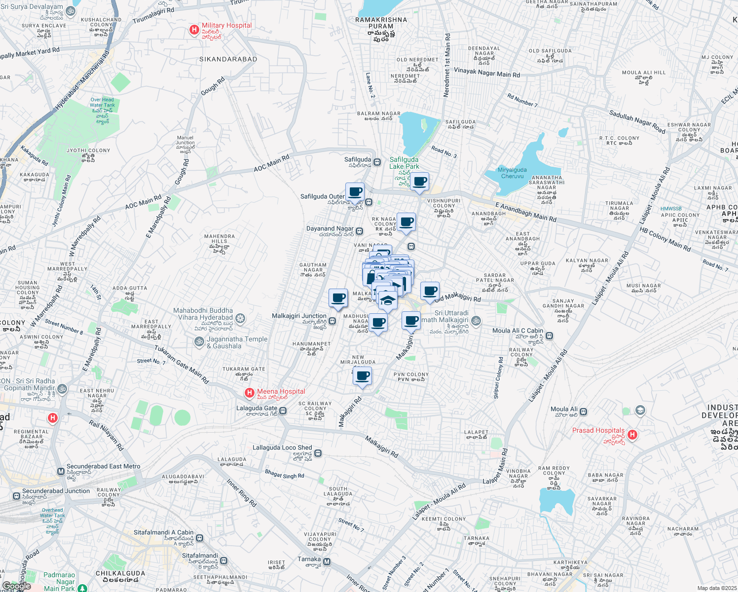 map of restaurants, bars, coffee shops, grocery stores, and more near in Secunderabad
