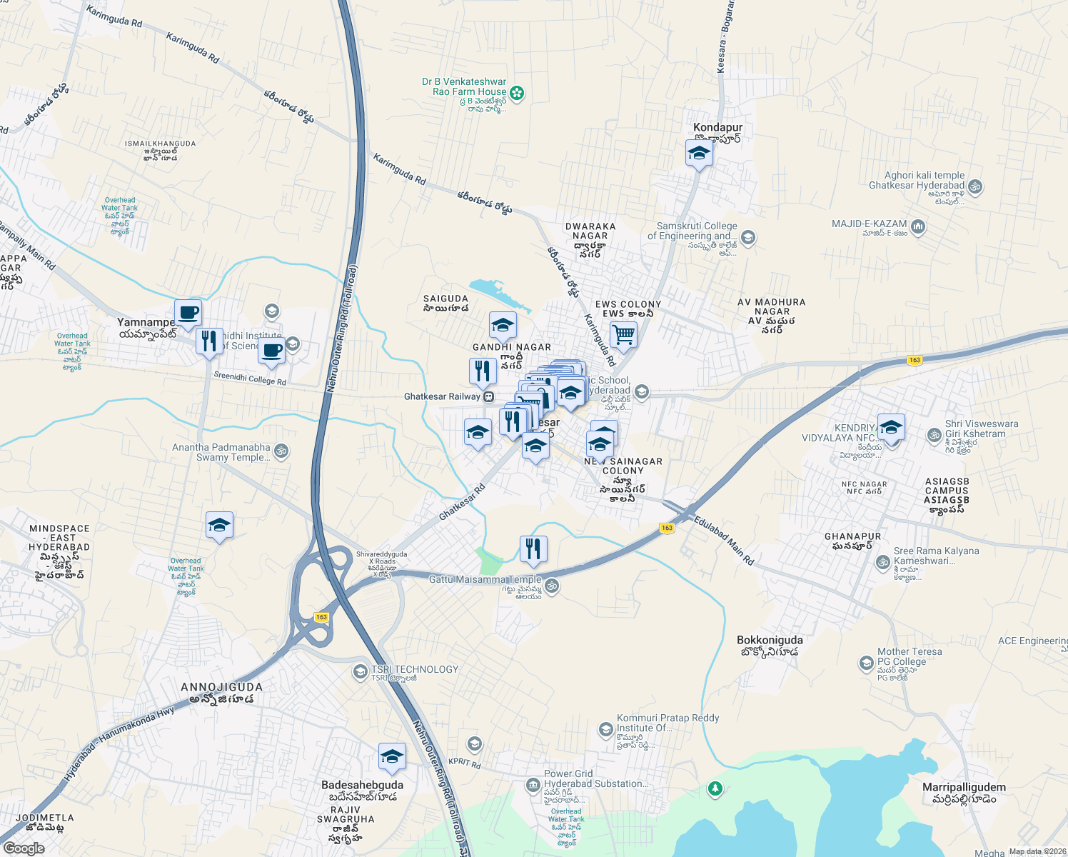 map of restaurants, bars, coffee shops, grocery stores, and more near in Ghatkesar